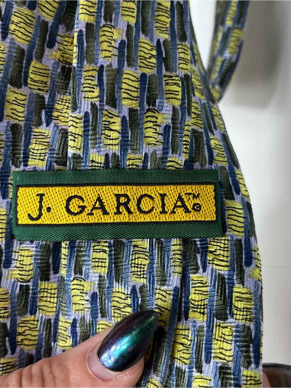 J Garcia Vintage Silk Tie Never Swat A Fly Patterned‎ Yellow and Blue Woven